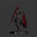Man in Demonic Armor With Horns Red Longsword and Cloak on Rock Base