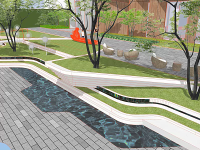 Commercial Landscape Design Featuring Green Lawn Curved Water Feature Stone Seating And Trees 3d model