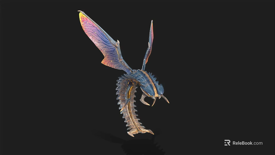 Mythical Flying Creature Sculpture With Iridescent Wings And Scaled Body 3d model 