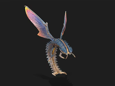 Mythical Flying Creature Sculpture With Iridescent Wings And Scaled Body 3d model