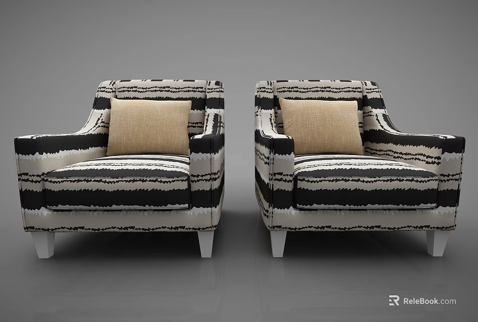 Stylish Black and White Striped Armchair with Beige Cushion and White Legs 3d model 