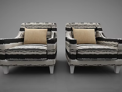Stylish Black and White Striped Armchair with Beige Cushion and White Legs 3d model