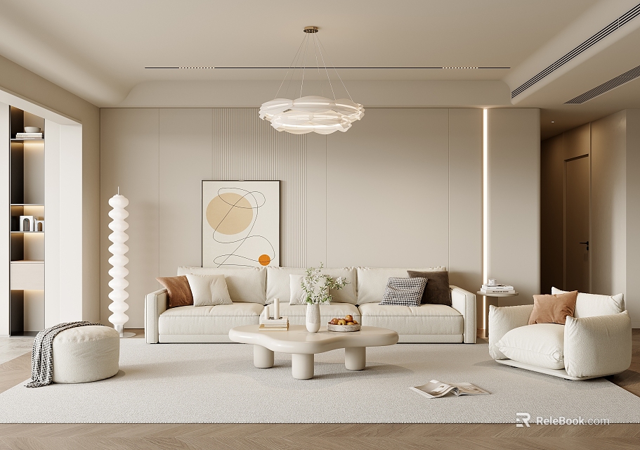Modern Living Room Interior Design With White Sofa Coffee Table Abstract Painting And Floor Lamp 3d model 