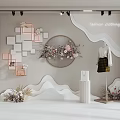 Fashion Clothing Shop Window Display With Geometric Square Decorations Circular Floral Arrangement And Wavy Wall