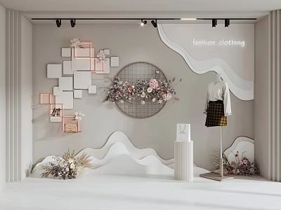 Fashion Clothing Shop Window Display With Geometric Square Decorations Circular Floral Arrangement And Wavy Wall 3d model