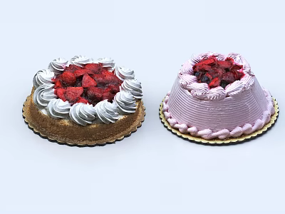 Two Delicious Cakes Topped With Fresh Strawberries And Cream On Golden Trays 3d model