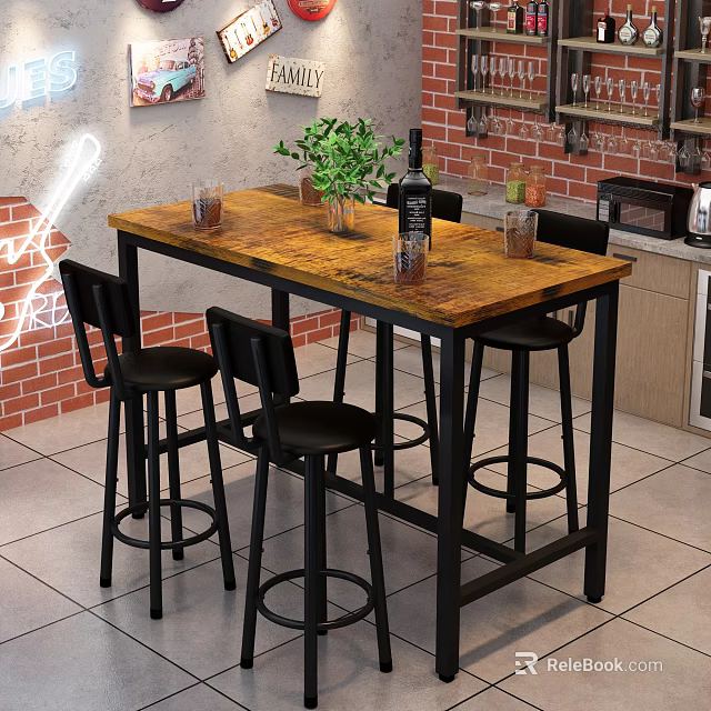 Kitchen Bar Counter With Wooden Top Black Metal Stools And Potted Plant Decoration 3d model 