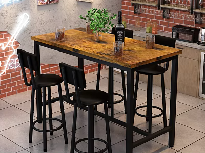 Kitchen Bar Counter With Wooden Top Black Metal Stools And Potted Plant Decoration 3d model