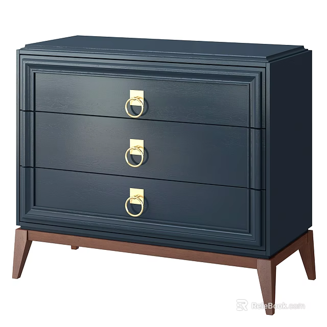 Modern Minimalist Navy Blue Bedside Table With Three Gold Ring Handles And Wooden Legs 3d model 