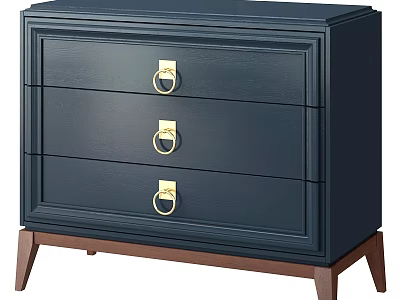 Modern Minimalist Navy Blue Bedside Table With Three Gold Ring Handles And Wooden Legs 3d model