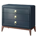 Modern Minimalist Navy Blue Bedside Table With Three Gold Ring Handles And Wooden Legs