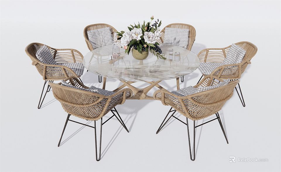 Round Glass Dining Table And Rattan Chairs Set With Black Metal Legs And Flower Vase 3d model 