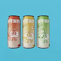 Fun Colorful Canned Beverages With Cute Cartoon Designs On Light Blue Background