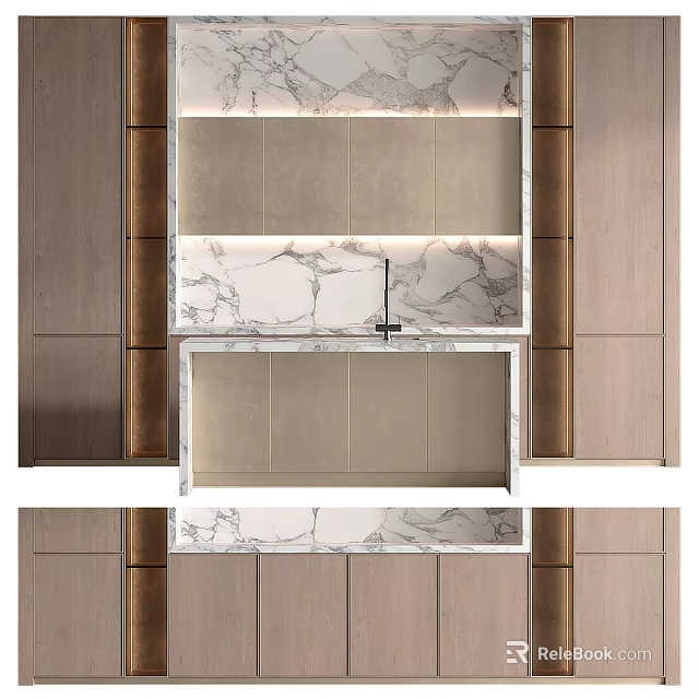 Modern Kitchen Interior Design With Elegant Cabinets Wooden Panels And Marble Countertop 3d model 