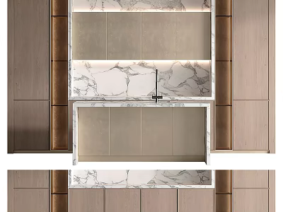 Modern Kitchen Interior Design With Elegant Cabinets Wooden Panels And Marble Countertop 3d model
