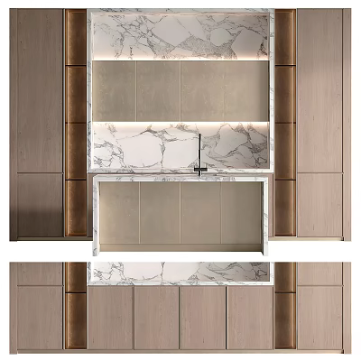 Modern Kitchen Interior Design With Elegant Cabinets Wooden Panels And Marble Countertop 3d model