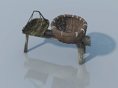 Wooden Bench With Two Woven Baskets On Light Blue Background Floor Reflection 3d model