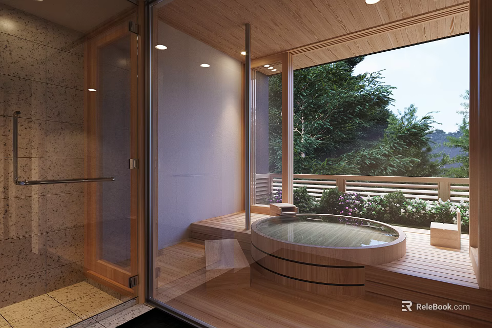 Modern Apartment Bathroom With Wooden Finish Large Window And Round Bathtub 3d model 