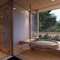 Modern Apartment Bathroom With Wooden Finish Large Window And Round Bathtub