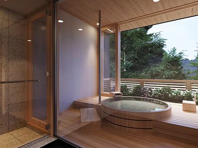 Modern Apartment Bathroom With Wooden Finish Large Window And Round Bathtub 3d model