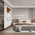 Modern Bedroom Interior Design With Comfortable Bed Pillows Artwork Wooden Floor Rug And Recessed Lighting