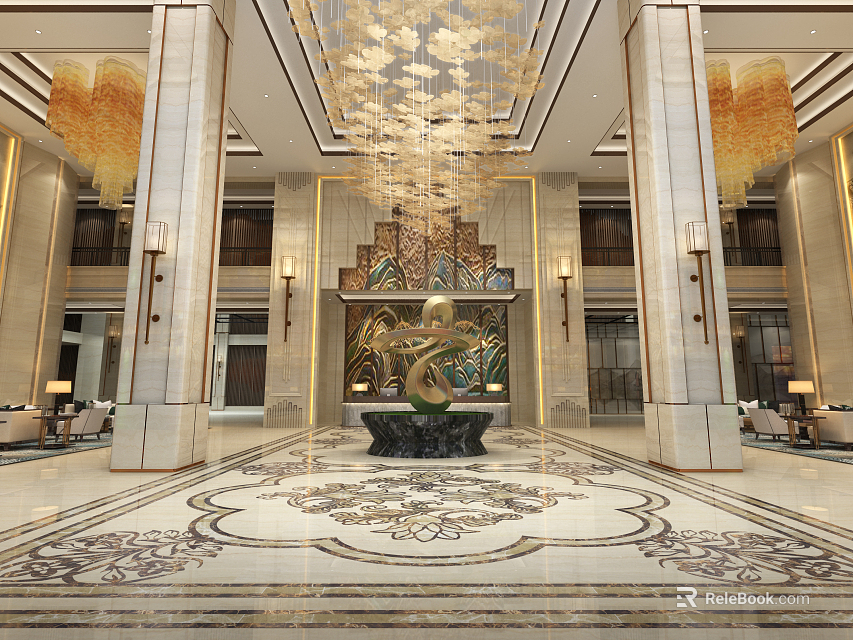 Luxurious Hotel Lobby With Grand Chandelier Tall Columns Intricate Marble Floor And Elegant Mural 3d model 