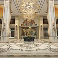 Luxurious Hotel Lobby With Grand Chandelier Tall Columns Intricate Marble Floor And Elegant Mural