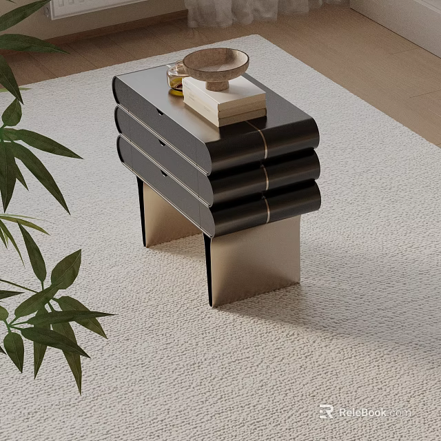 Modern Black Bedside Table With Multiple Drawers Gold Accents And Green Plant On Carpet 3d model 
