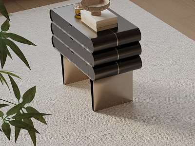 Modern Black Bedside Table With Multiple Drawers Gold Accents And Green Plant On Carpet 3d model