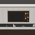 Modern TV Wall Interior Design With White Cabinets Wooden Frame And Decorative Shelves