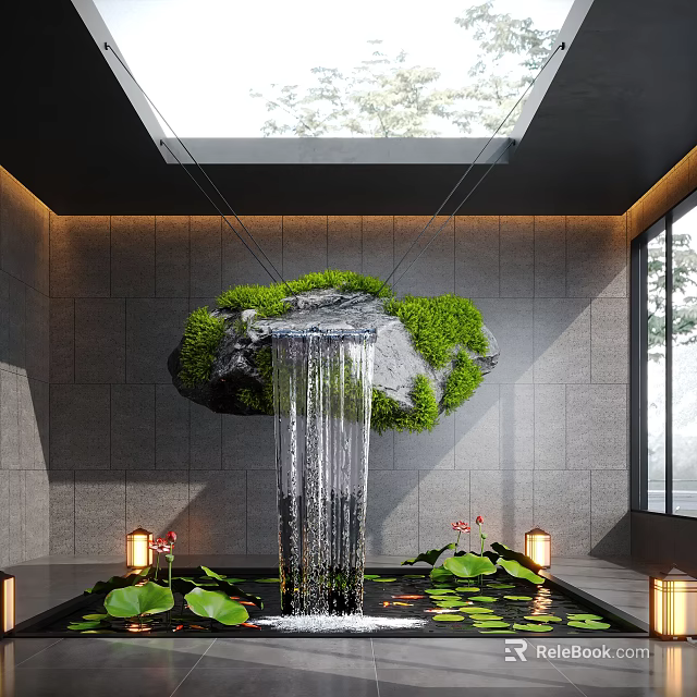 Indoor Water Fountain With Hanging Mossy Stone Waterfall Lotus Leaves Flowers Lanterns And Skylight 3d model 