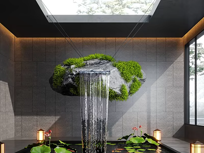 Indoor Water Fountain With Hanging Mossy Stone Waterfall Lotus Leaves Flowers Lanterns And Skylight 3d model