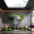 Indoor Water Fountain With Hanging Mossy Stone Waterfall Lotus Leaves Flowers Lanterns And Skylight