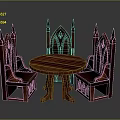 Medieval Style Intricate Wooden Round Table With Gothic Spire Design Chairs