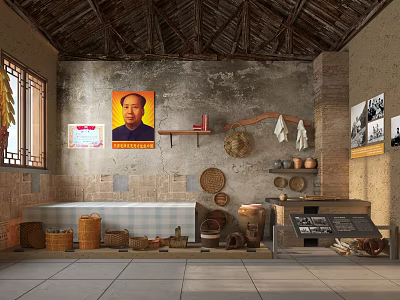 Traditional Folk House Interior With Portrait Baskets Earthen Jars Shelves And Old 3d model
