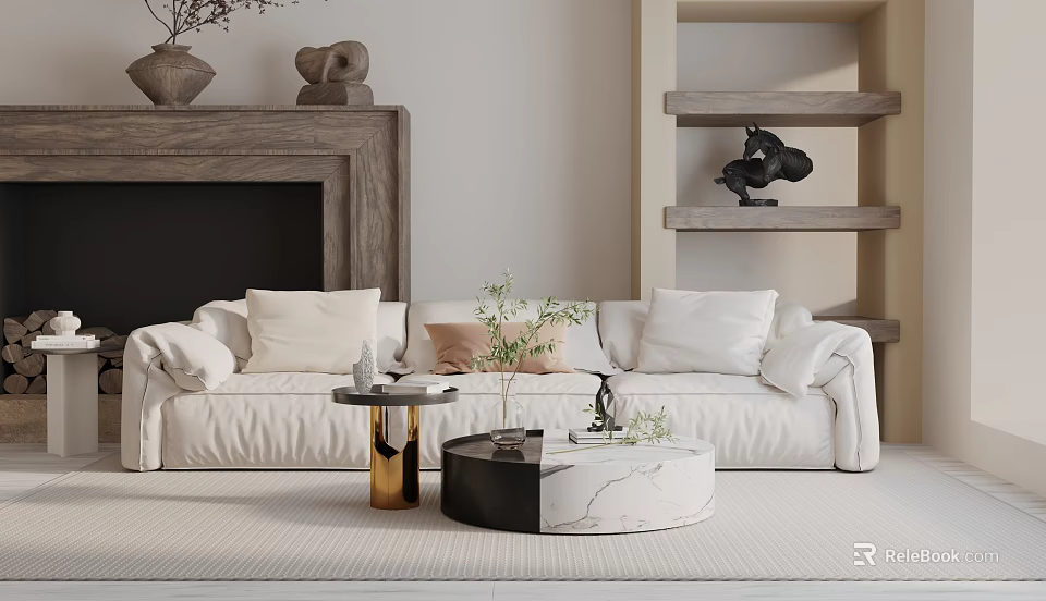 Modern Minimalist Living Room Three Seater Sofa With White Pillows Coffee Tables Fireplace And Shelves 3d model 