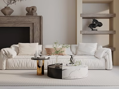 Modern Minimalist Living Room Three Seater Sofa With White Pillows Coffee Tables Fireplace And Shelves 3d model