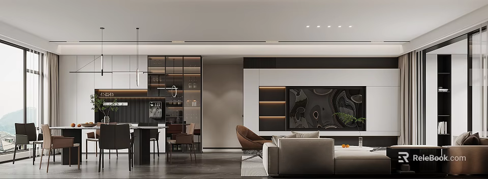 Modern Living and Dining Room Interior With Sofa Dining Table Pendant Lights Artwork and Plants 3d model