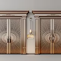 Golden Double Doors with Intricate Pattern and Decorative Frames Featuring Hanging Lamp and Signboard