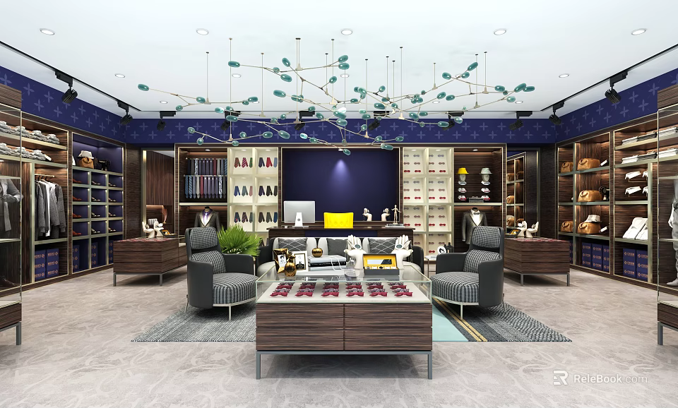 Elegant Clothing Store Interior With Dark Blue Walls Displayed Clothing Accessories Wooden Counter Chandelier And Comfortable Chairs 3d model 