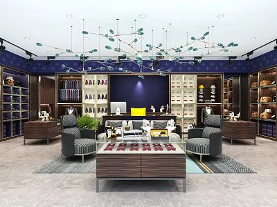 Elegant Clothing Store Interior With Dark Blue Walls Displayed Clothing Accessories Wooden Counter Chandelier And Comfortable Chairs 3d model