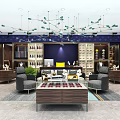 Elegant Clothing Store Interior With Dark Blue Walls Displayed Clothing Accessories Wooden Counter Chandelier And Comfortable Chairs