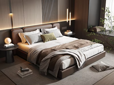 Modern Double Bed with Wooden Headboard Soft Pillows and Nightstand Lamp in Cozy Bedroom 3d model