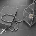 Decorative Ornament Combination With Bible Rosary Beads Metal Lantern White Candle Cross On Wooden Background