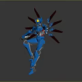 Blue Mechanical Robot Character With Red Winged Structures And Yellow Eyes 3d model