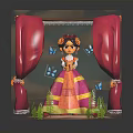 Traditional Dressed Girl With Floral Hair And Colorful Butterflies Near Red Curtains On Wooden Platform