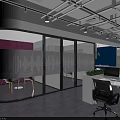 Modern Office Break Room With White Cabinets Wooden Shelves Island Counter And Blue Walls