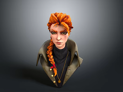 3D Female Character Bust With Orange Braided Hair Dark Turtleneck Buttoned Coat And Necklace 3d model