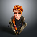 3D Female Character Bust With Orange Braided Hair Dark Turtleneck Buttoned Coat And Necklace