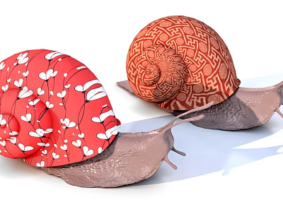 Two Ornate Snails With Red Shells Featuring White Floral And Geometric Patterns 3d model